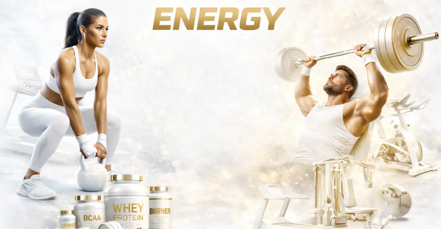 Contenants de supplément de protéine de lactosérum de couleur or avec étiquettes blanches et lettrage doré.